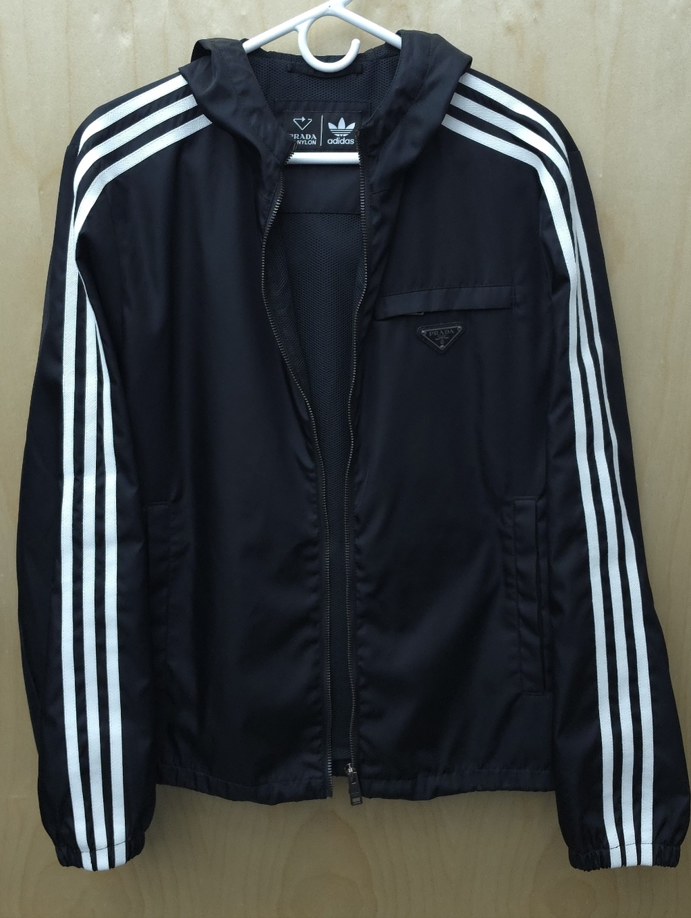 Prada X Adidas Re-Nylon Lightweight Hooded Track Jacket with White Stripes